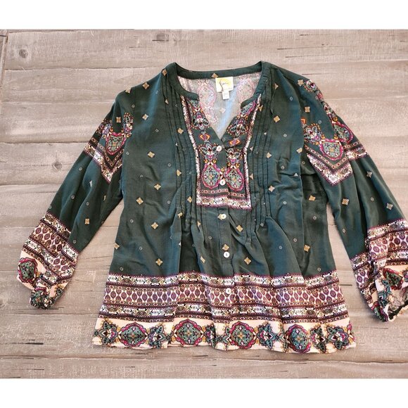 Fig & Flower Blouse PM Bohemian Green Multicolor 3/4 Sleeve Aztec Folk Indie - Picture 1 of 9